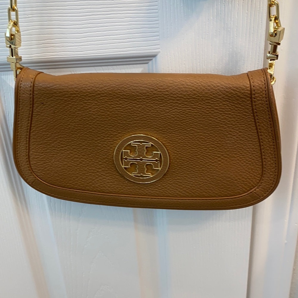 Camel Tory burch clutch with gold hardware strap